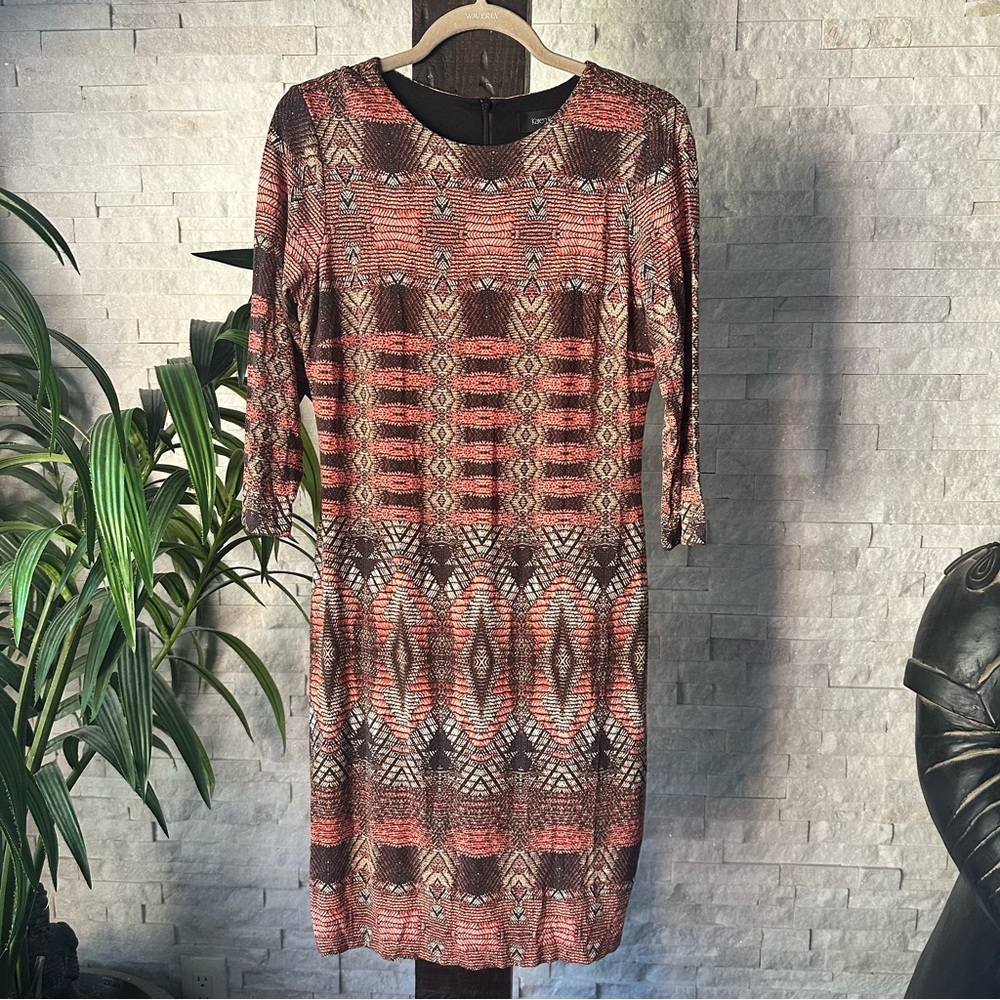 KAREN KANE Coral and Chocolate Brown Rayon Spandex 3/4 Sleeve Lined Dress Size M